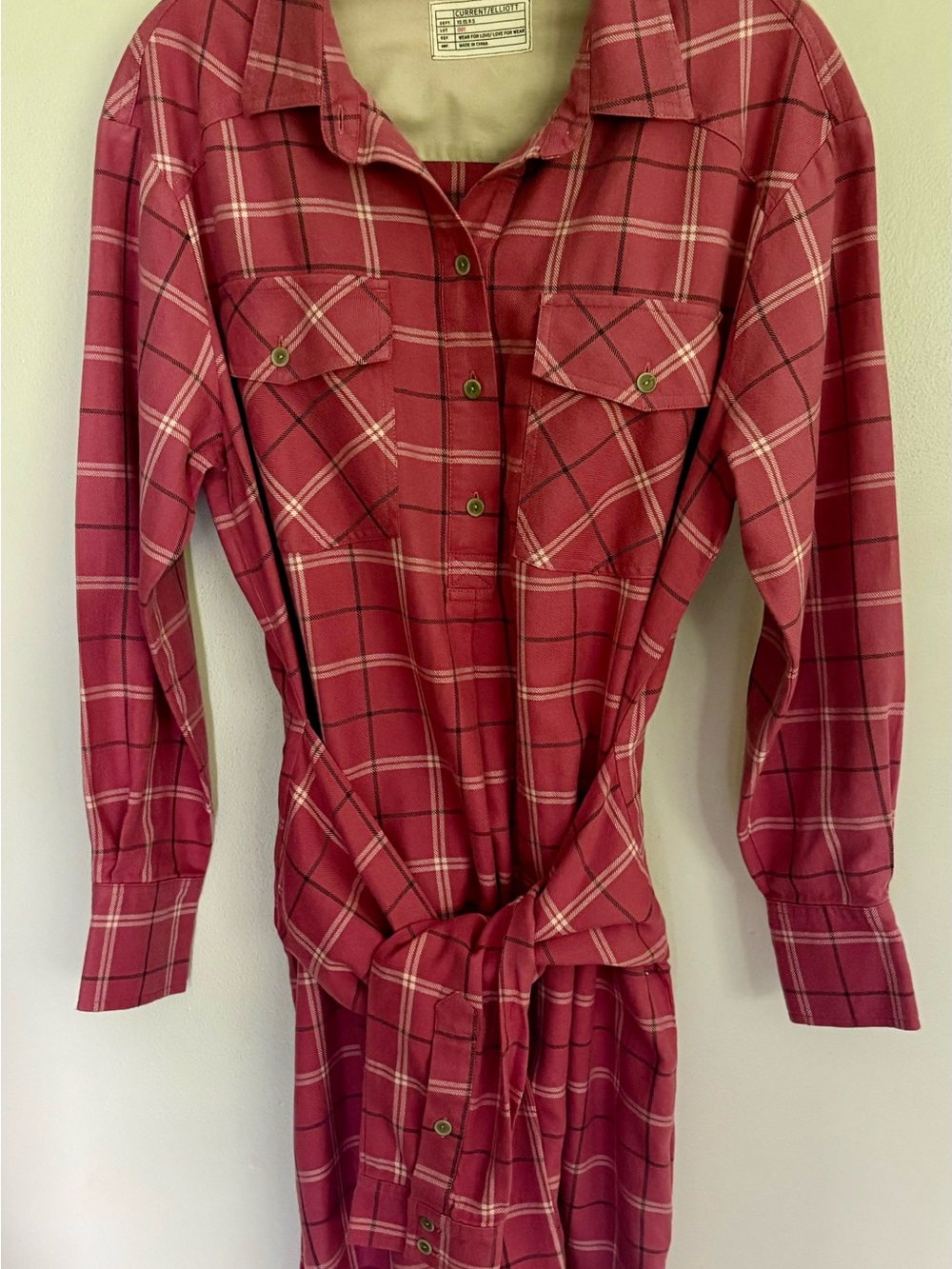 NWT Current Elliott The Twist Flannel Hi-Low Shirtdress in Rose Pink Plaid L/XL